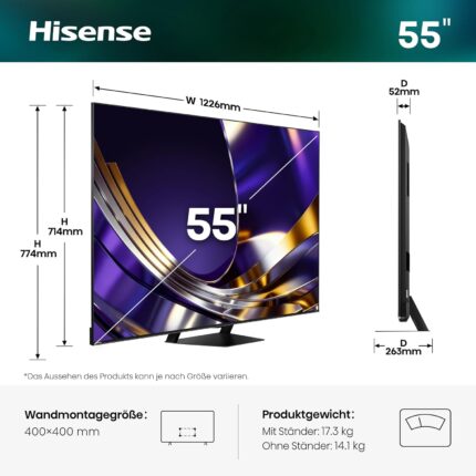 Hisense 55U7DS PRO Fernseher 55 Zoll, 4K UHD, Hi-QLED Mini LED Pro, Smart TV, 165Hz, Hi-View AI Engine Pro, IMAX Enhanced, AI RGB Lichtsensor, Dolby Vision Atmos, Unibody Slim, FreeSync Premium, 2026