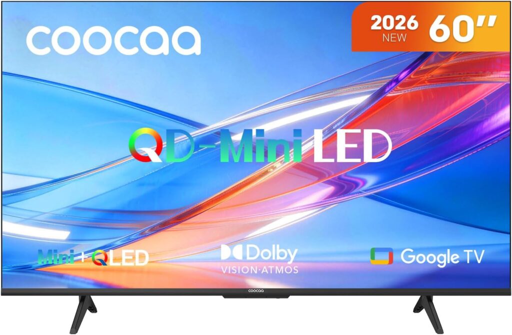 coocaa 60 Zoll Fernseher QD-Mini LED TV, 4K Smart TV mit Google TV, HDR10+, Dolby Vision&Atmos, Local Dimming, MEMC Bewegungsglättung, S AI Prozessor, Triple Tuner DVB-T2/C/S2, 60CGNH70Z (2026)