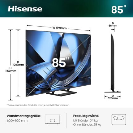 Hisense 85U7DSE Fernseher 85 Zoll, 4K UHD, Hi-QLED Mini LED, Smart TV, 144Hz, Hi-View AI Engine, IMAX Enhanced, AI Lichtsensor, Dolby Vision.Atmos, Tuned by DeVialet, FreeSync Premium Pro [2026]