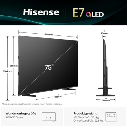 Hisense 75E7Q Fehrnseher, 75 Zoll, 4K UHD QLED, Smart TV, Game Mode Plus, Filmaker Mode, Dolby Vision Atmos, HDR10, HLG, HDR Immersive, AI 4K Upscaler, Dolby MS12, DTS X, Sprachsteuerung [2025]