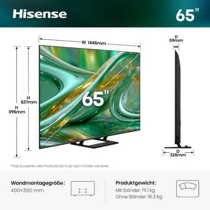 Hisense 65E8DS Fernseher 65 Zoll, 4K UHD, Hi-QLED Mini LED, Smart TV, 144Hz, Hi-View AI Engine, Dolby Vision.Atmos, Unibody Slim, FreeSync Premium, AI-Lichtsensor, Game Bar, Tuned by Devialet