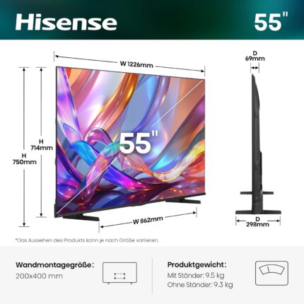 Hisense 55E7DS Fernseher 55 Zoll, 4K UHD QLED, Smart TV, Hi View AI Engine, 60Hz Game Mode Plus, Dolby Vision IQ, QLED Colour, Filmmaker, Smooth Motion, Airplay, Sprachsteuerung, 2026
