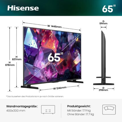 Hisense 65E7DS PRO Fernseher 65 Zoll, 4K UHD QLED, Smart TV, Hi Concerto, 144Hz Game Mode, QLED Colour, Dolby Vision, Atmos, Filmmaker, Audio, DTS Virtual, X, FreeSync Premium, 2026